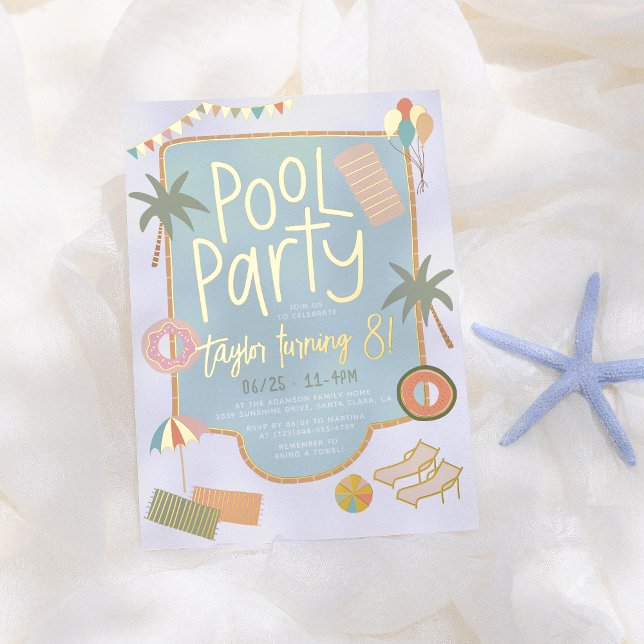 Shiny Hand-Drawn Summer Fun Pool Party Birthday Foil Invitation (Creator Uploaded)