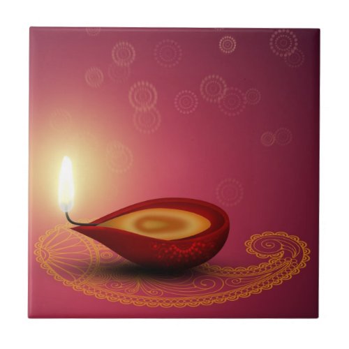 Shiny Happy Diwali Diya _ Ceramic Tile