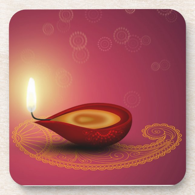 Shiny Happy Diwali Diya - Cork Coaster (Front)