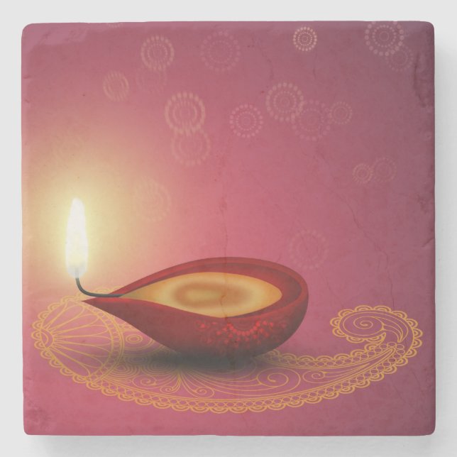 Shiny Happy Diwali Diya - Marble Stone Coaster (Front)