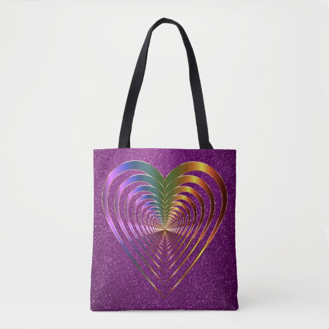 Shiny Hearts Within a Heart Purple Faux Glitter Tote Bag (Front)