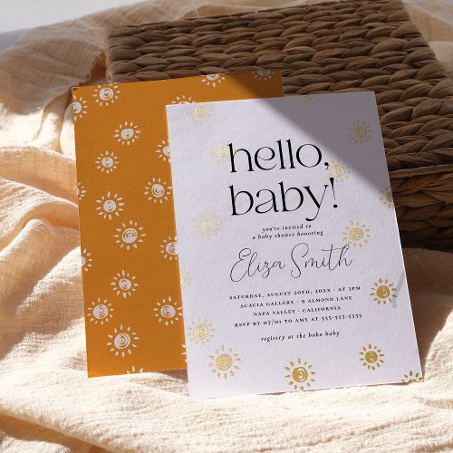 Shiny Hello Baby Boho Sunshine Baby Shower Foil Holiday Card