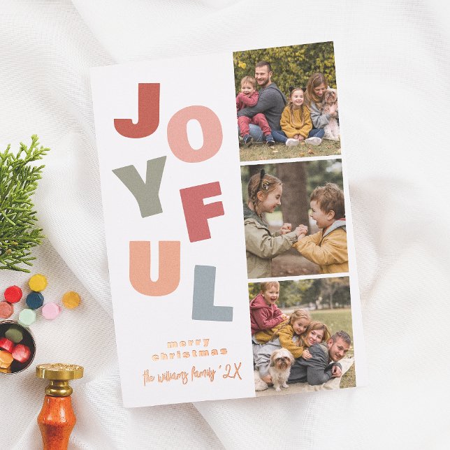 Shiny Joyful Boho Bold Multi 3 Photo Christmas  Foil Holiday Card (Creator Uploaded)