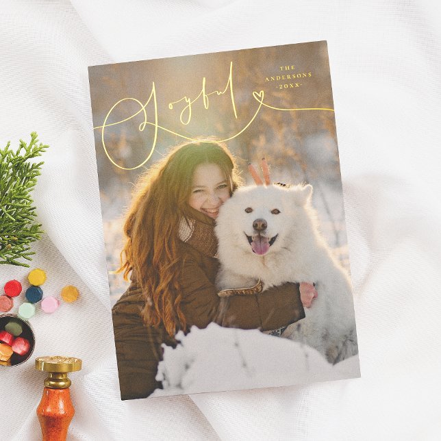 Shiny Joyful Flourish Minimal 1 Photo Christmas Foil Holiday Card (Creator Uploaded)