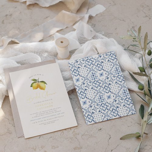 Shiny Lemon  Mediterranean Tiles Bridal Shower Foil Invitation