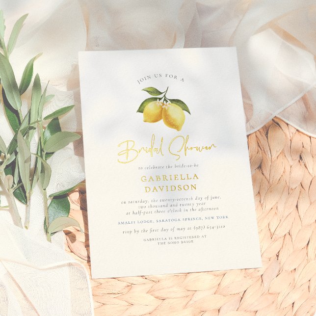 Shiny Lemon & Mediterranean Tiles Bridal Shower Foil Invitation (Creator Uploaded)