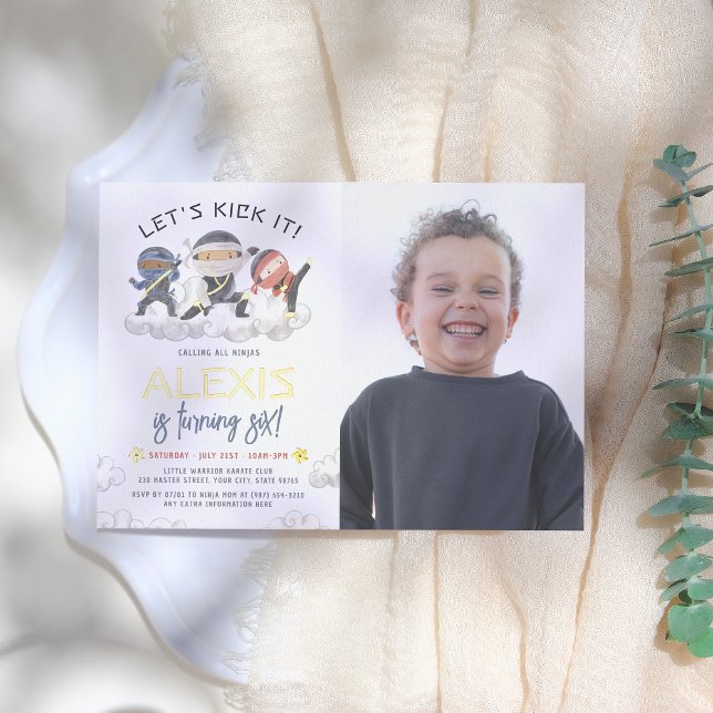 Shiny Let's Kick It Ninja Karate Photo Birthday Foil Invitation (Creator Uploaded)