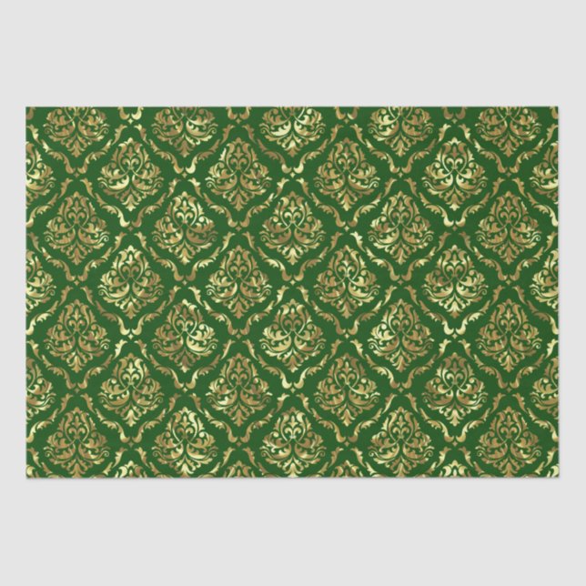 Shiny Looking Gold Floral Damask On Green Tissue Paper (Front)