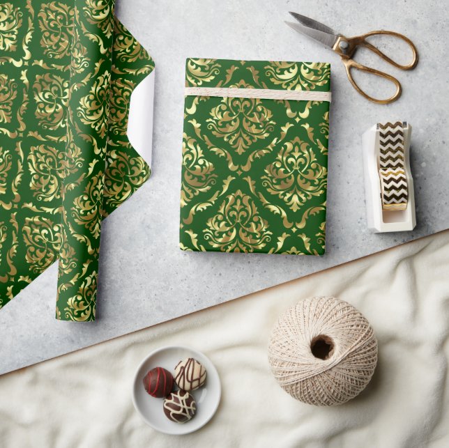 Shiny Looking Gold Floral Damask On Green Wrapping Paper (Crafts)