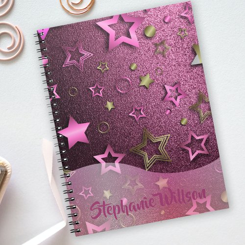 Shiny Luxury Glam Chic Pink Magenta Gold Stars Notebook