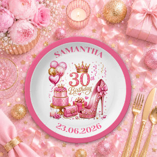 Shiny Magenta Pink Glitter 30th Birthday Paper Pla Plates