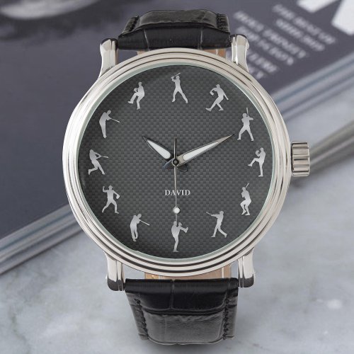 Shiny Metal Silver Baseball Player Monogram Watch