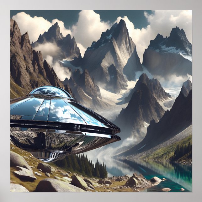 Shiny Metal UFO in the Mountains Poster (Front)
