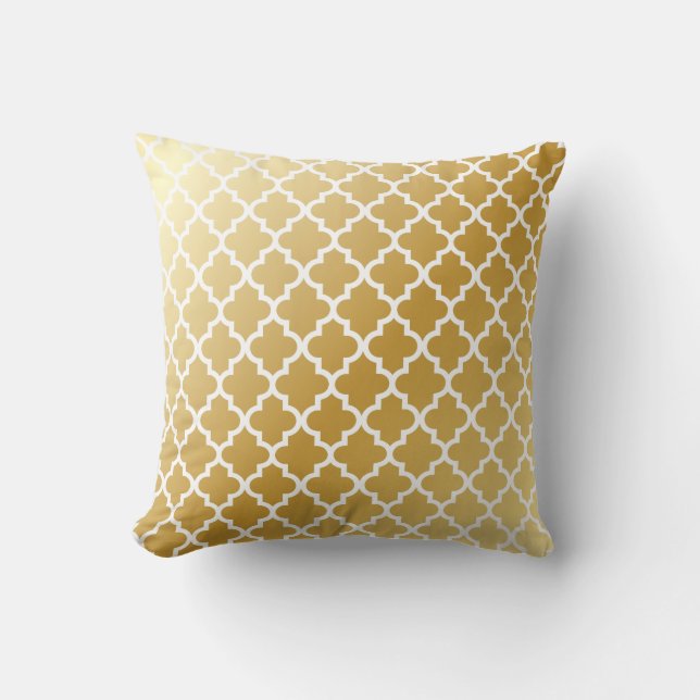 Shiny Metallic Gold Quatrefoil Moroccan Pattern Throw Pillow (Front)