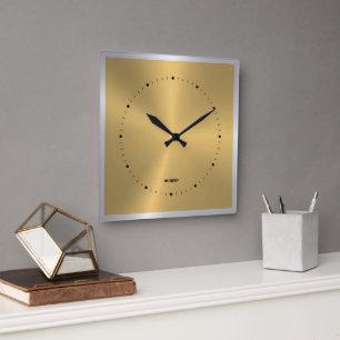 Shiny Metallic Gold Silve Accent Square Wall Clock