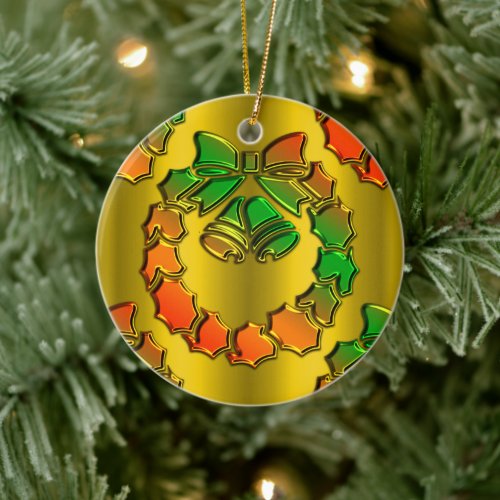 Shiny Metallic Golden Christmas Wreath Ceramic Ornament