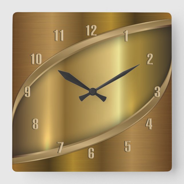 Shiny Metallic Golden Geometric Elegant Design Square Wall Clock (Front)