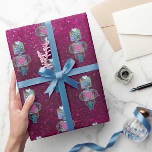 Shiny Metallic Holographic Robots Pretty Glitter  Wrapping Paper