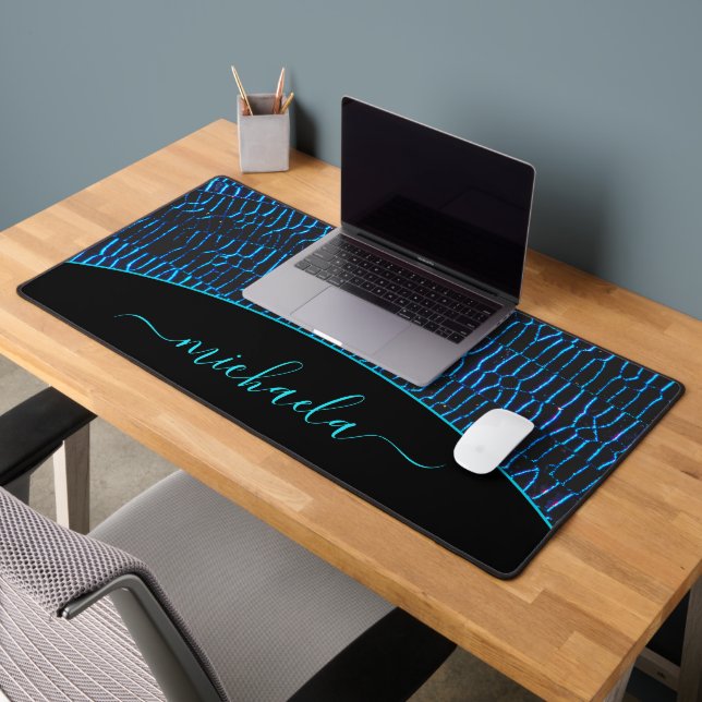 Shiny metallic neon blue abstract Custom name Desk Mat (Office 2)