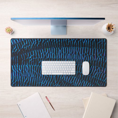 Shiny metallic neon blue abstract geometry desk mat