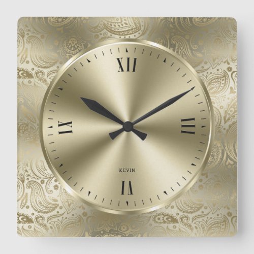 Shiny Metallic Pail Gold  Vintage Paisley Square Wall Clock