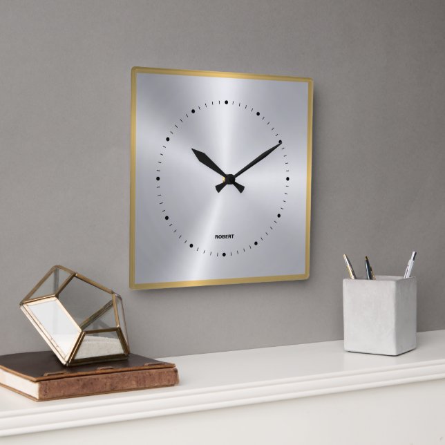 Shiny Metallic Silver Gray Gold Accent Square Wall Clock (Office)