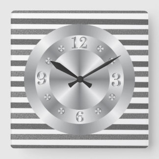 Shiny Metallic Silver Gray Stripes Square Wall Clock