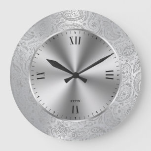 Shiny Metallic Silver & Vintage Paisley Large Clock