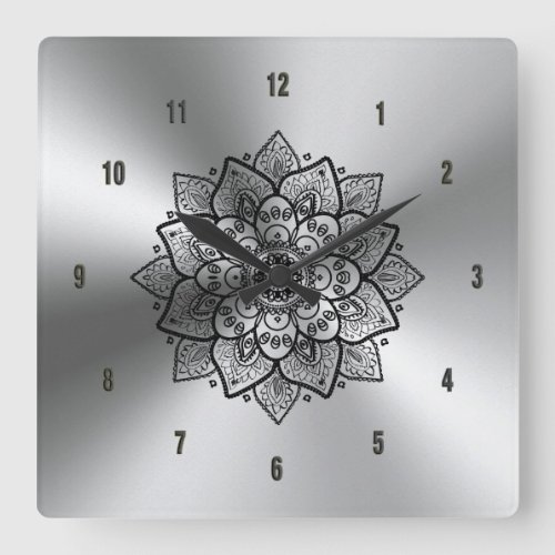 Shiny Metallic Stainless Steel  Black Mandala Square Wall Clock