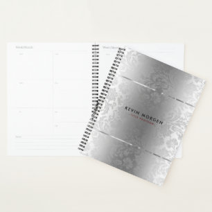Shiny Metallic Stainless-Steel & Gray Damasks Planner