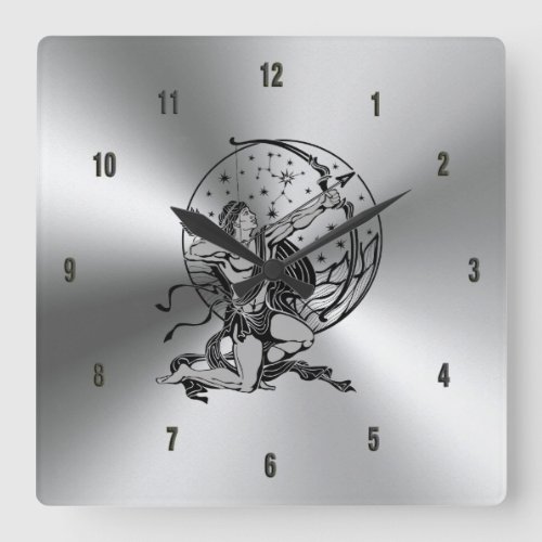 Shiny Metallic Stainless Steel  Sagittarius Sign Square Wall Clock