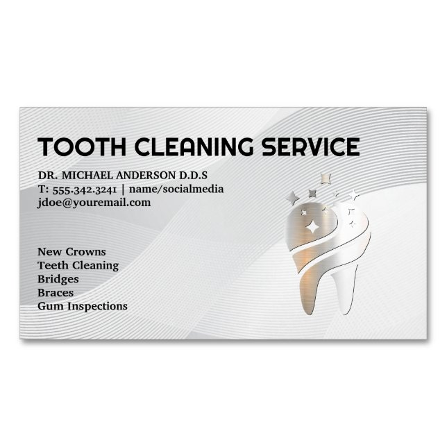 Shiny Metallic Tooth Logo | Dentistry Business Card Magnet (Front)