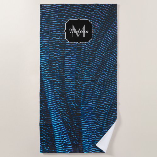 Shiny metallic vibrant blue abstract Monogram Beach Towel