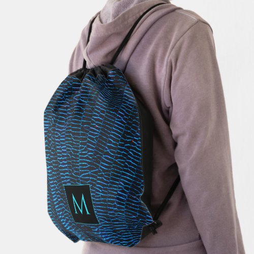 Shiny metallic vibrant blue abstract Monogram Drawstring Bag