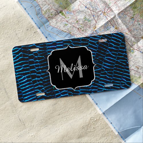 Shiny metallic vibrant blue abstract Monogram License Plate