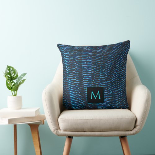 Shiny metallic vibrant blue abstract Monogram Throw Pillow