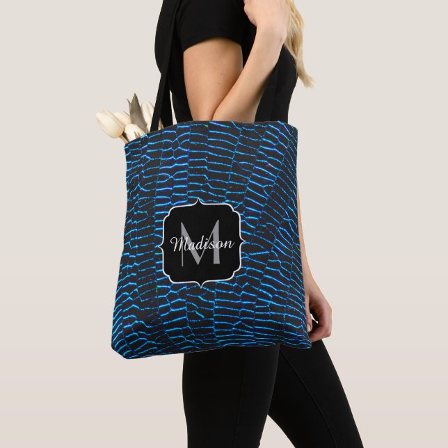 Shiny metallic vibrant blue abstract Monogram Tote Bag (Close Up)