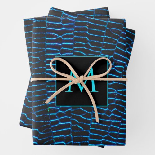 Shiny metallic vibrant blue abstract Monogram Wrapping Paper Sheets