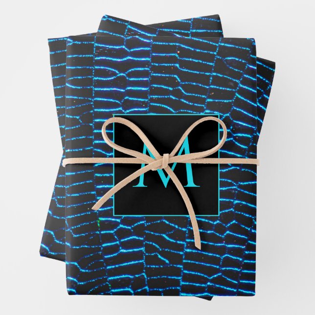 Shiny metallic vibrant blue abstract Monogram Wrapping Paper Sheets (In situ)