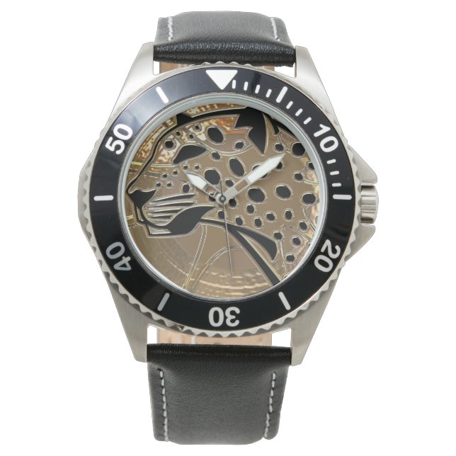 Shiny metallizer silver and black glass cheetah watch (Front)