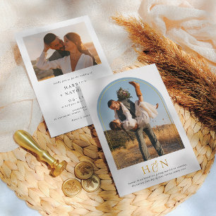 Shiny Minimal Initials Boho Arch 2 Photo Wedding Foil Invitation