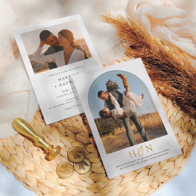 Shiny Minimal Initials Boho Arch 2 Photo Wedding  Foil Invitation (Creator Uploaded)