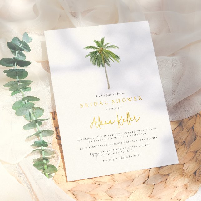 Shiny Minimal Palm Tree Tropical Bridal Shower Foil Invitation (Creator Uploaded)