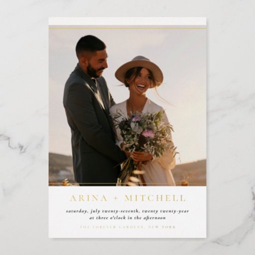 Shiny Minimalist All In One QR Code Photo Wedding Foil Invitation | Zazzle