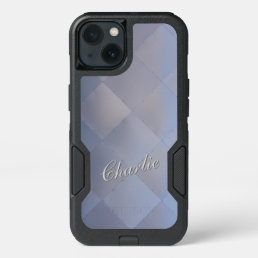 Shiny Modern Checkered Metal Blue any Name iPhone 13 Case
