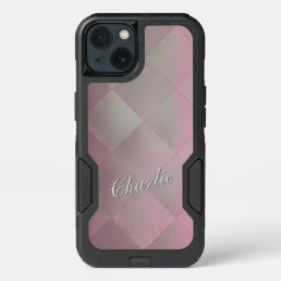 Shiny Modern Checkered Metal Pink any Name iPhone 13 Case