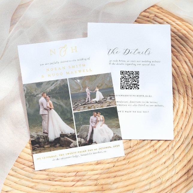 Shiny Monogram QR Code 3 Photo Collage Wedding Foil Invitation (Creator Uploaded)