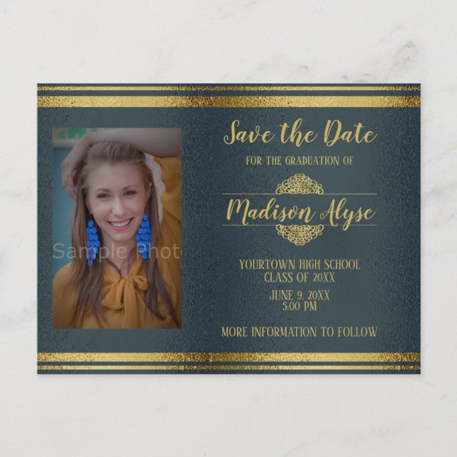 Shiny Navy Blue and Gold Photo Graduation Postcard (Front)