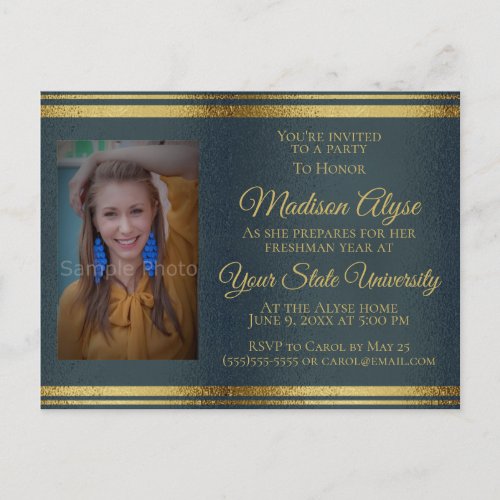 Shiny Navy Blue Gold Photo College Trunk Party Invitation Postcard