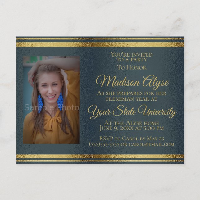 Shiny Navy Blue Gold Photo College Trunk Party Invitation Postcard (Front)